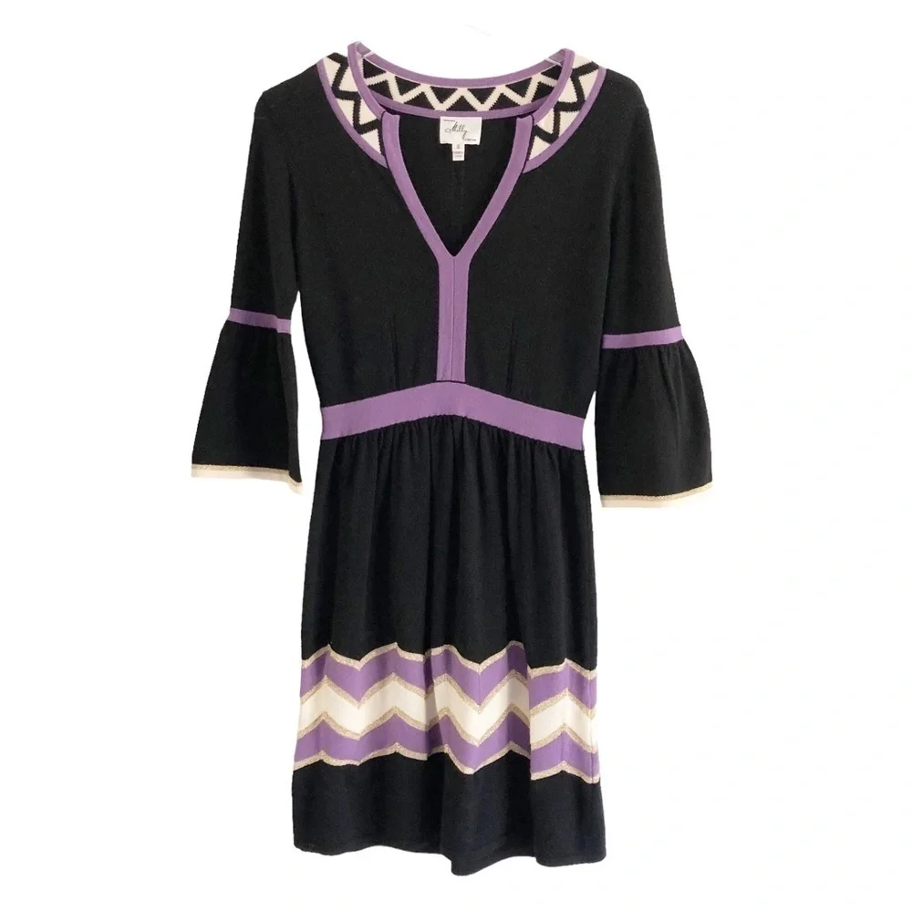 Milly Black Merino Wool Chevron Knit Sweater Dress Bell Sleeve Small